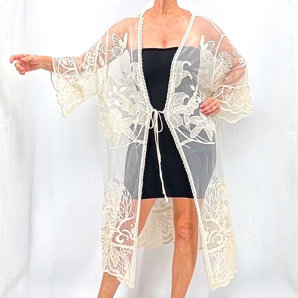 Vintage Boho Whimsigoth Ethereal Crochet Muumuu Duster Swim Cover Up Kimono